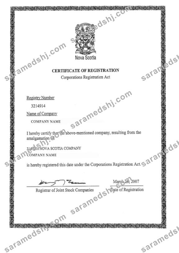 Nova Scotia Certificate of Registration